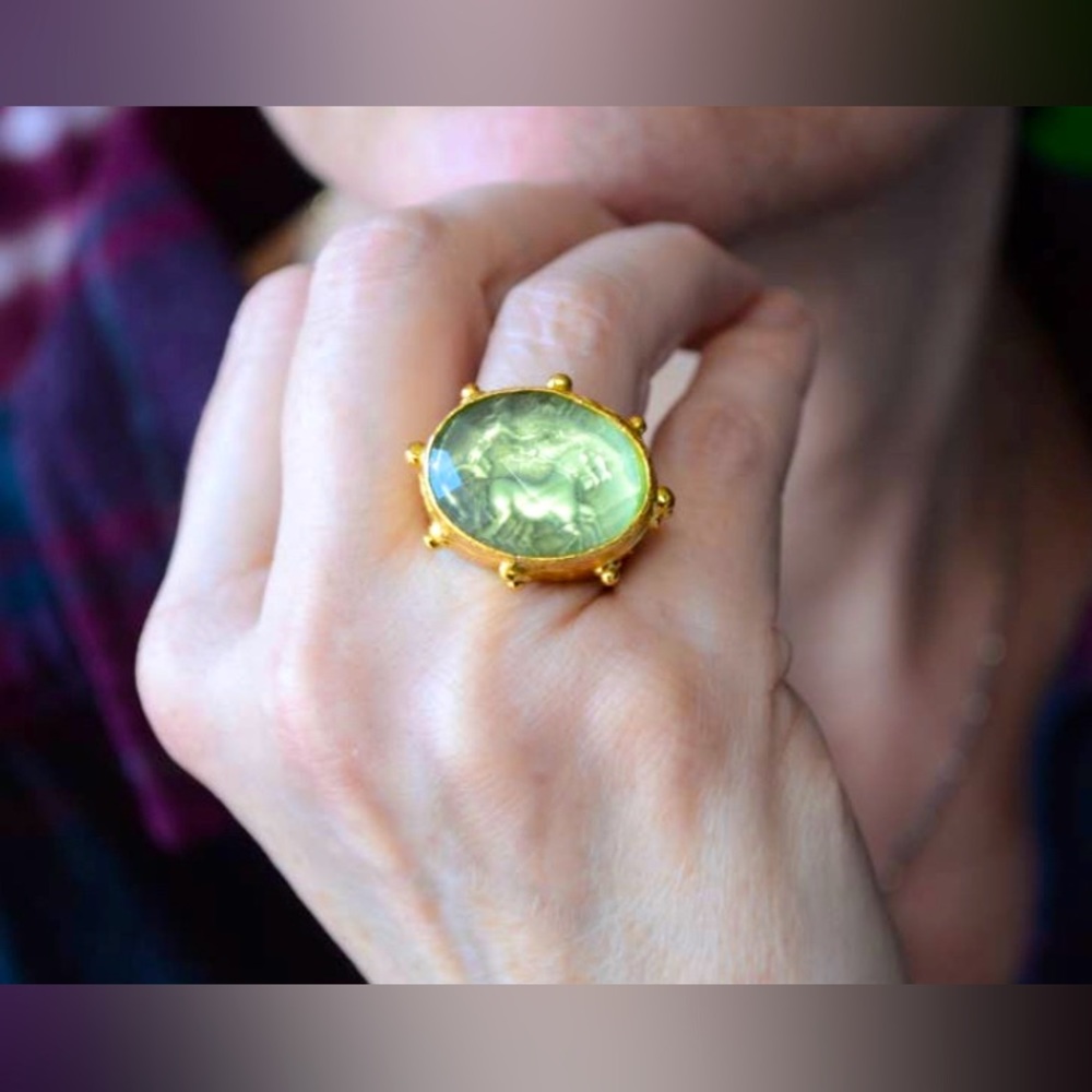Adjustable Gold Coin Ring with Green Crystal